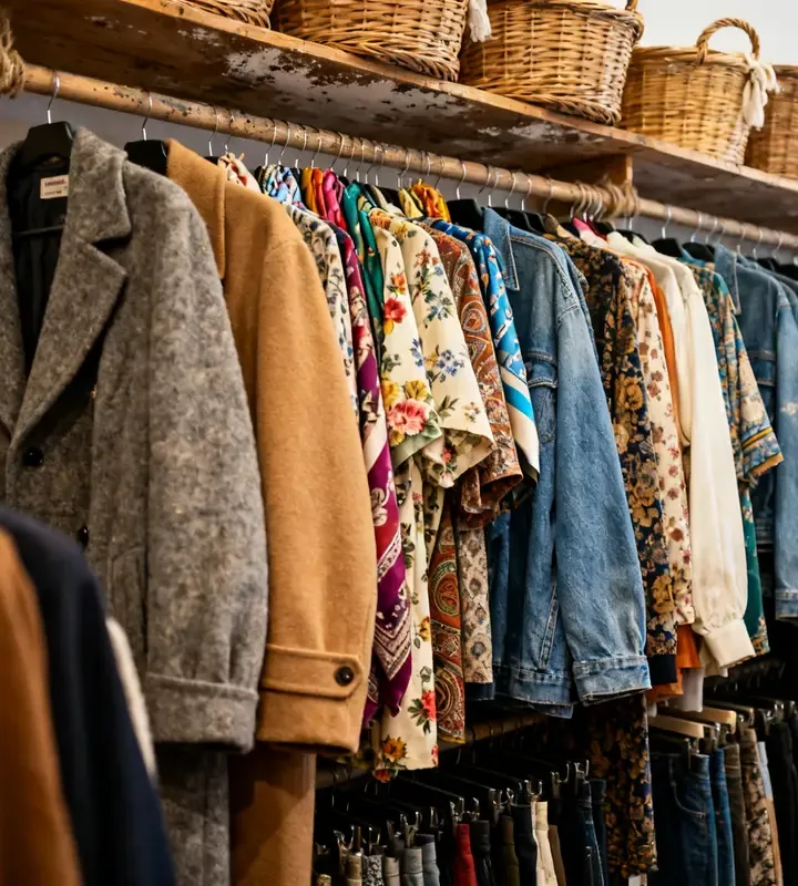 Portant de vestes, de chemises et de jeans d’occasion sous des paniers en osier dans une friperie