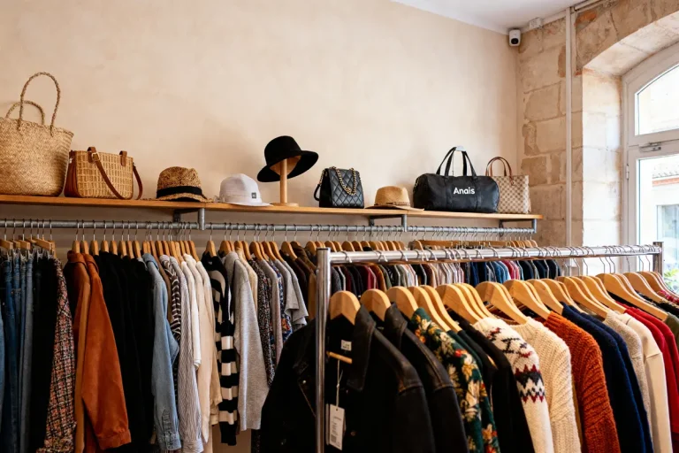 Vêtements et sacs exposés dans la boutique Anais friperie avec divers chapeaux élégants