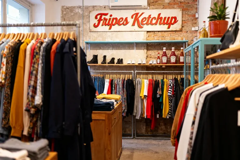 Boutique Fripes Ketchup avec vêtements colorés et décoration rétro au mur