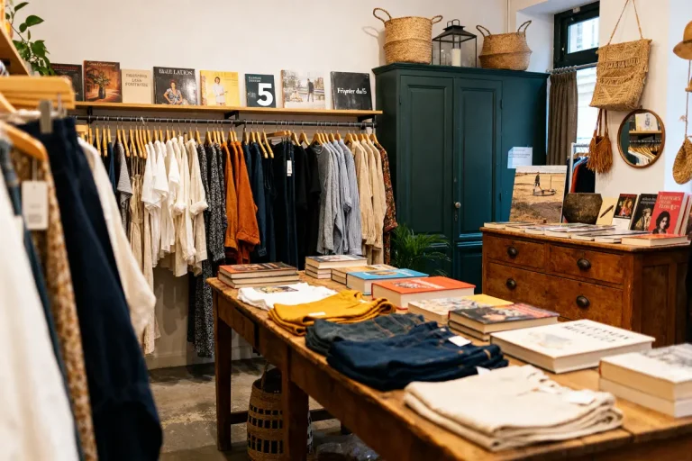 Boutique accueillante présentant vêtements et livres, La friperie du 5 en arrière-plan sur l'étagère