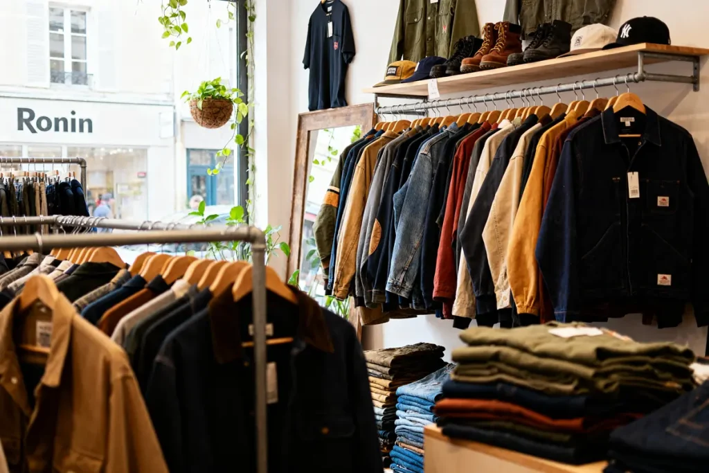 Vêtements vintage exposés dans Ronin friperie avec veste et jeans empilés sur étagère
