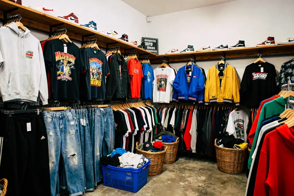 Vêtements vintage colorés et chaussures exposés chez Yemma friperie sur des cintres et étagères