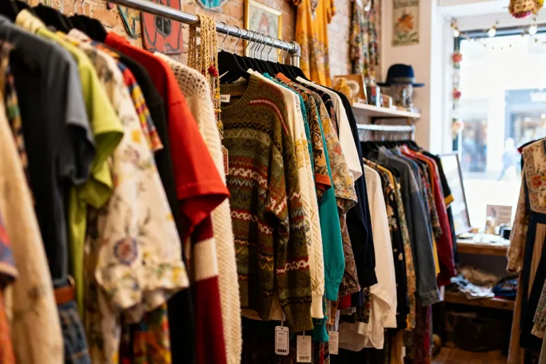 Vêtements variés colorés accrochés dans une friperie paris - guerrisol lumineux et attrayant