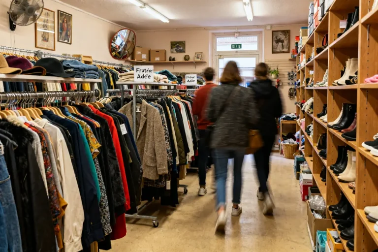Allée de vêtements multicolores et clients dans Friperie chez Adèle vêtements et chaussures