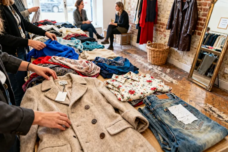 Vêtements variés sur table dans une des friperies à Blois sans clients visibles.