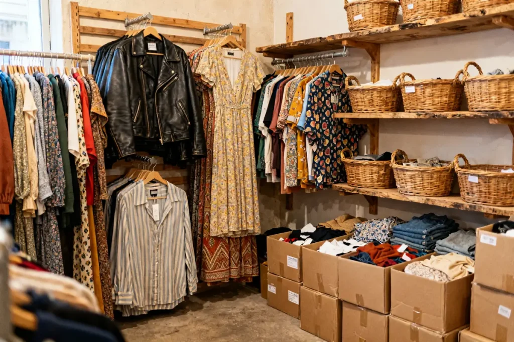 Vêtements vintage suspendus et rangés avec armoire en osier dans la friperie avignonnaise