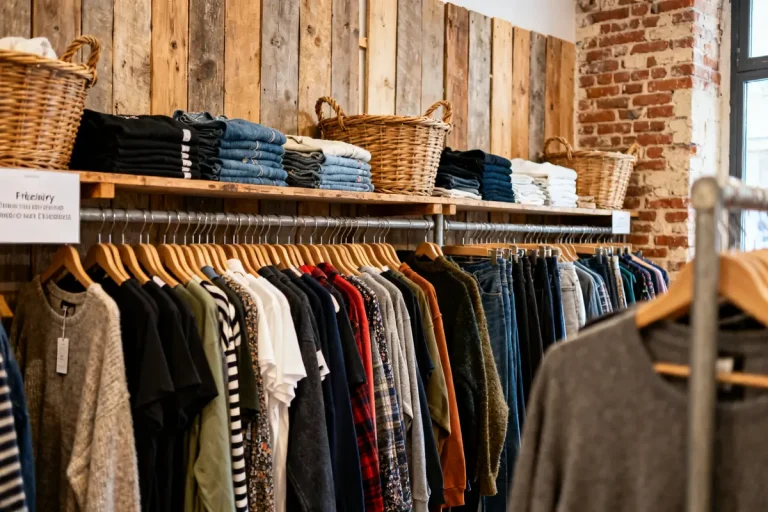 Vêtements variés sur cintres et étagères en bois à la friperie rémoise ambiance vintage