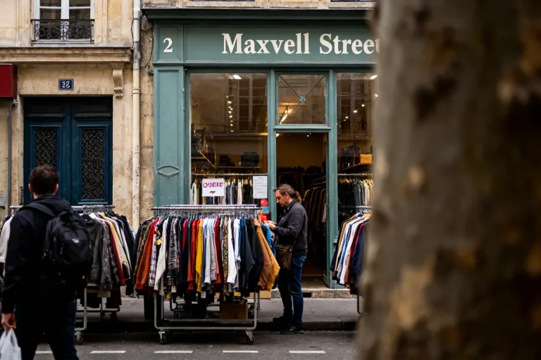 Boutique Maxwell street friperie avec vêtements exposés à l'extérieur sous une enseigne vintage verte