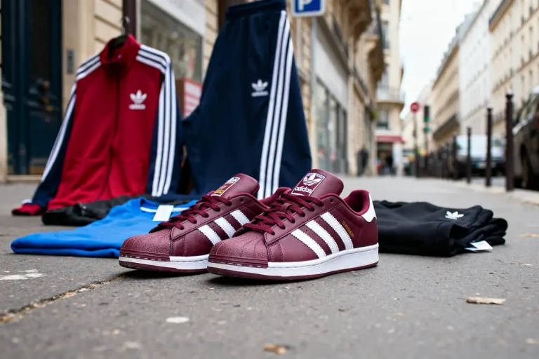 Chaussures adidas bordeaux avec vêtements assortis exposés sur un trottoir urbain