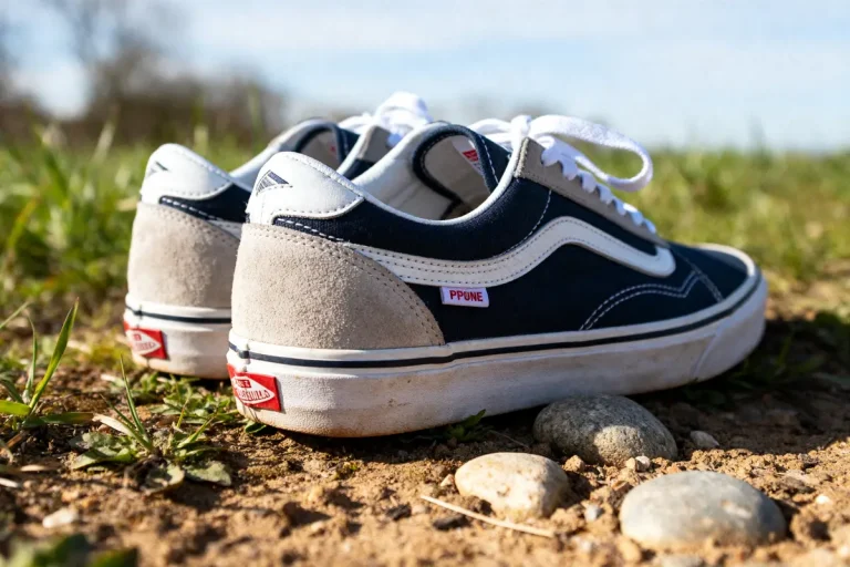 Paires de sneakers sur sol terreux pour vérifier l'état de baskets décontractées.