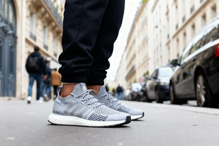 Basket Adidas Hu de Pharrell Williams grise en ville sur un trottoir urbain