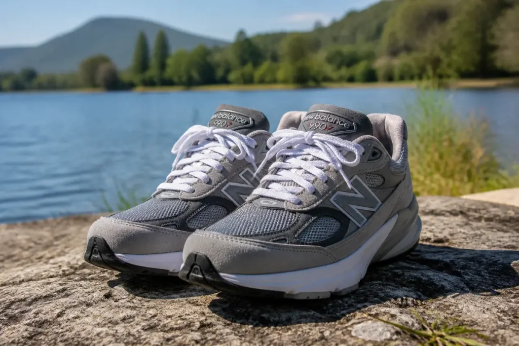 Chaussures New Balance 990 grises posées sur un rocher près d'un lac paisible