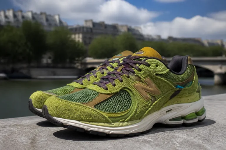 Chaussures New Balance x Salehe Bembury 2002R1 vertes posées en extérieur urbain.