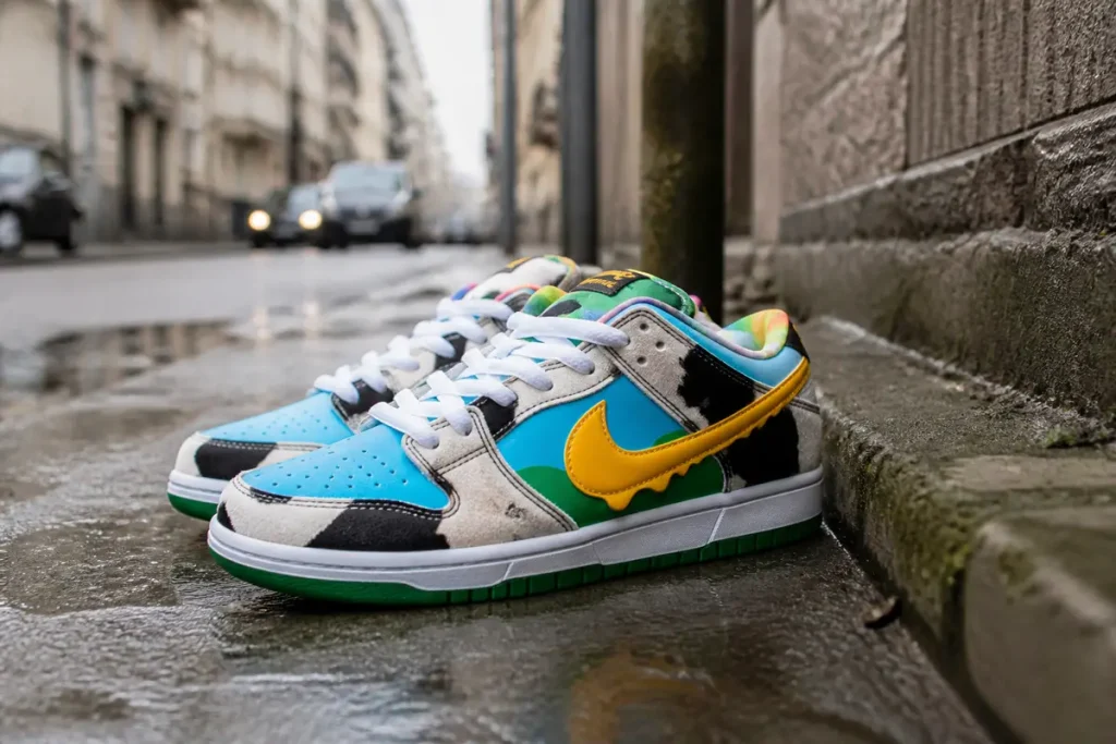 Baskets colorées inspirées de la collaboration entre Nike et Ben & Jerry sur un trottoir humide