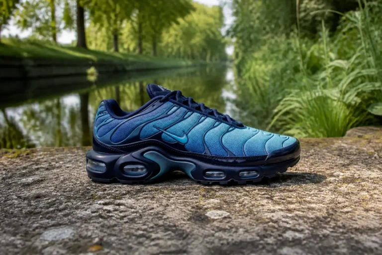 Chaussure sportive bleue posée près d'une voie navigable TN entourée de verdure
