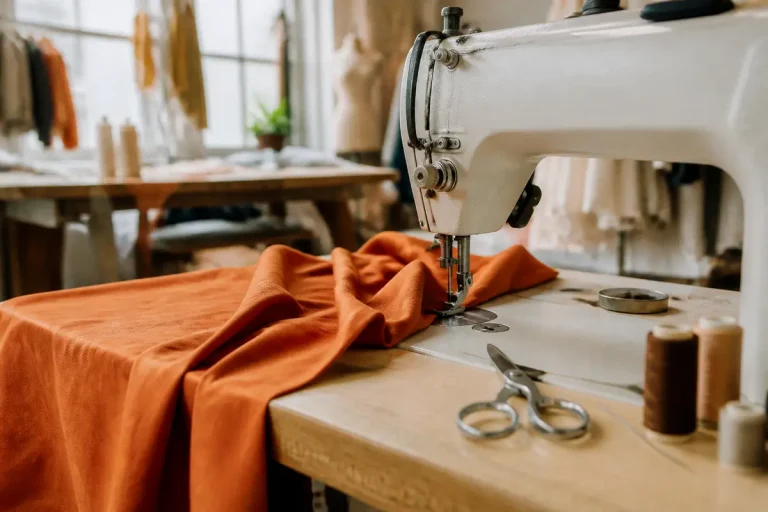 Machine à coudre orangée préparant un vêtement pour le site Le Fil d'Astrid