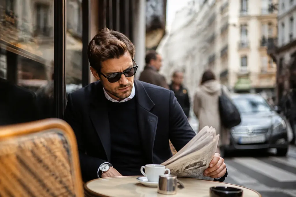 Homme lisant un journal à Paris, capturant l'esprit de styleettendances.fr Paris élégant urbain