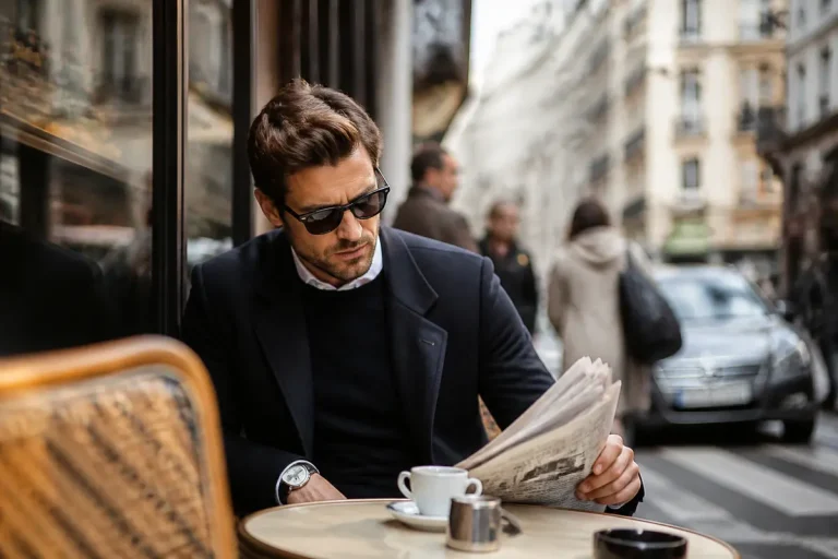 Homme lisant un journal à Paris, capturant l'esprit de styleettendances.fr Paris élégant urbain